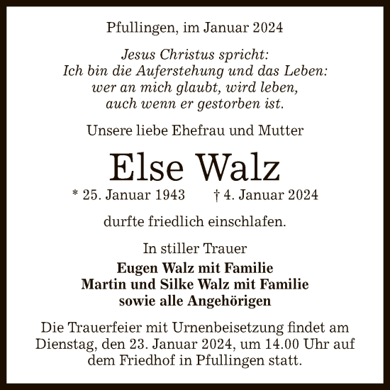 Anzeige von Else Walz von Reutlinger General-Anzeiger