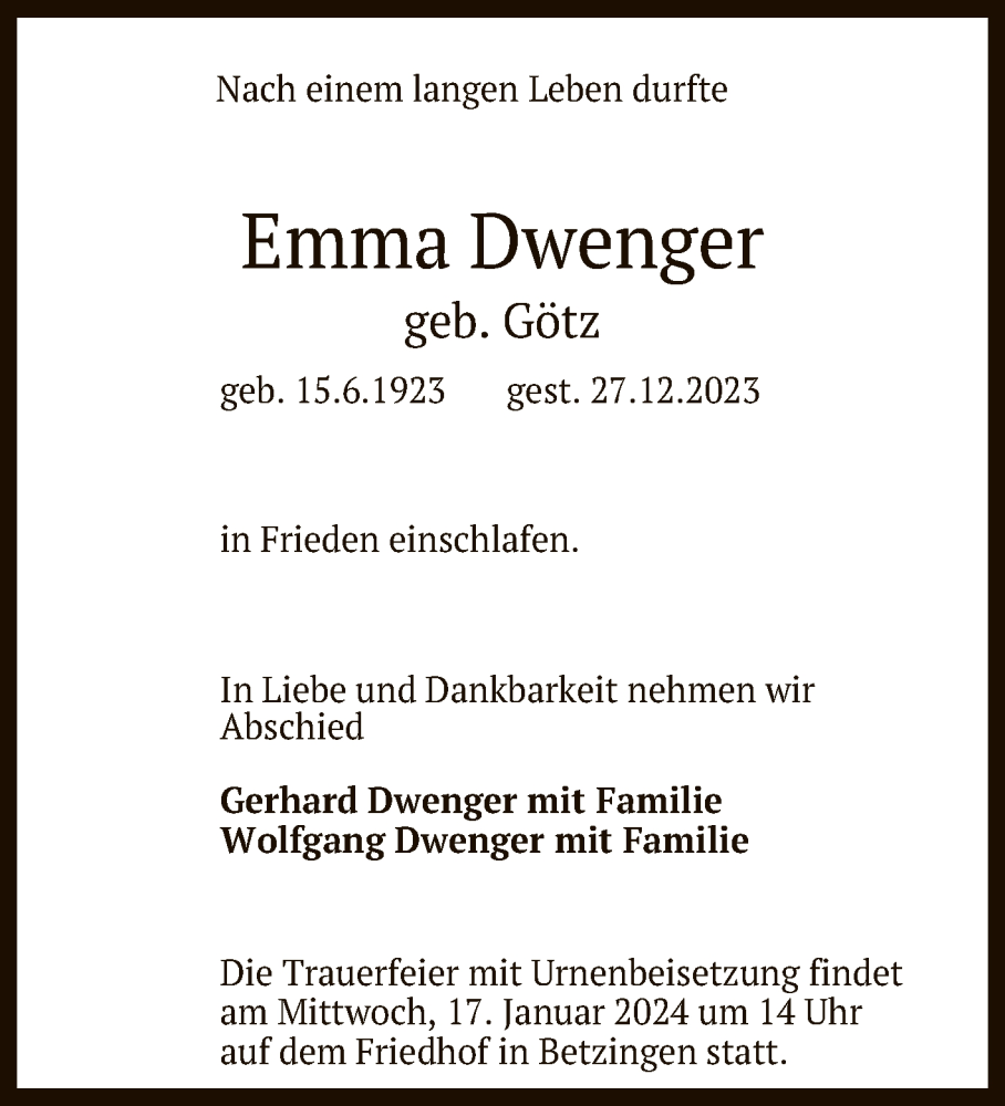  Traueranzeige für Emma Dwenger vom 13.01.2024 aus Reutlinger General-Anzeiger