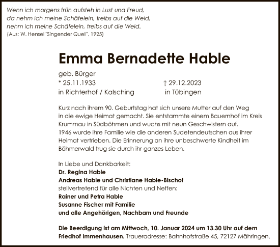 Anzeige von Emma Bernadette Hable von Reutlinger General-Anzeiger