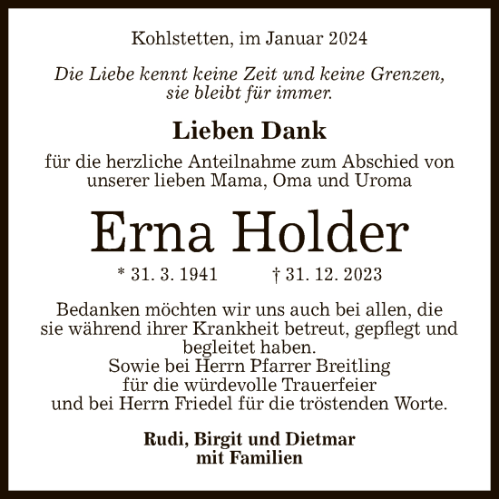 Anzeige von Erna Holder von Reutlinger General-Anzeiger