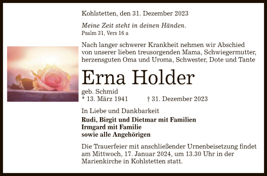 Anzeige von Erna Holder von Reutlinger General-Anzeiger