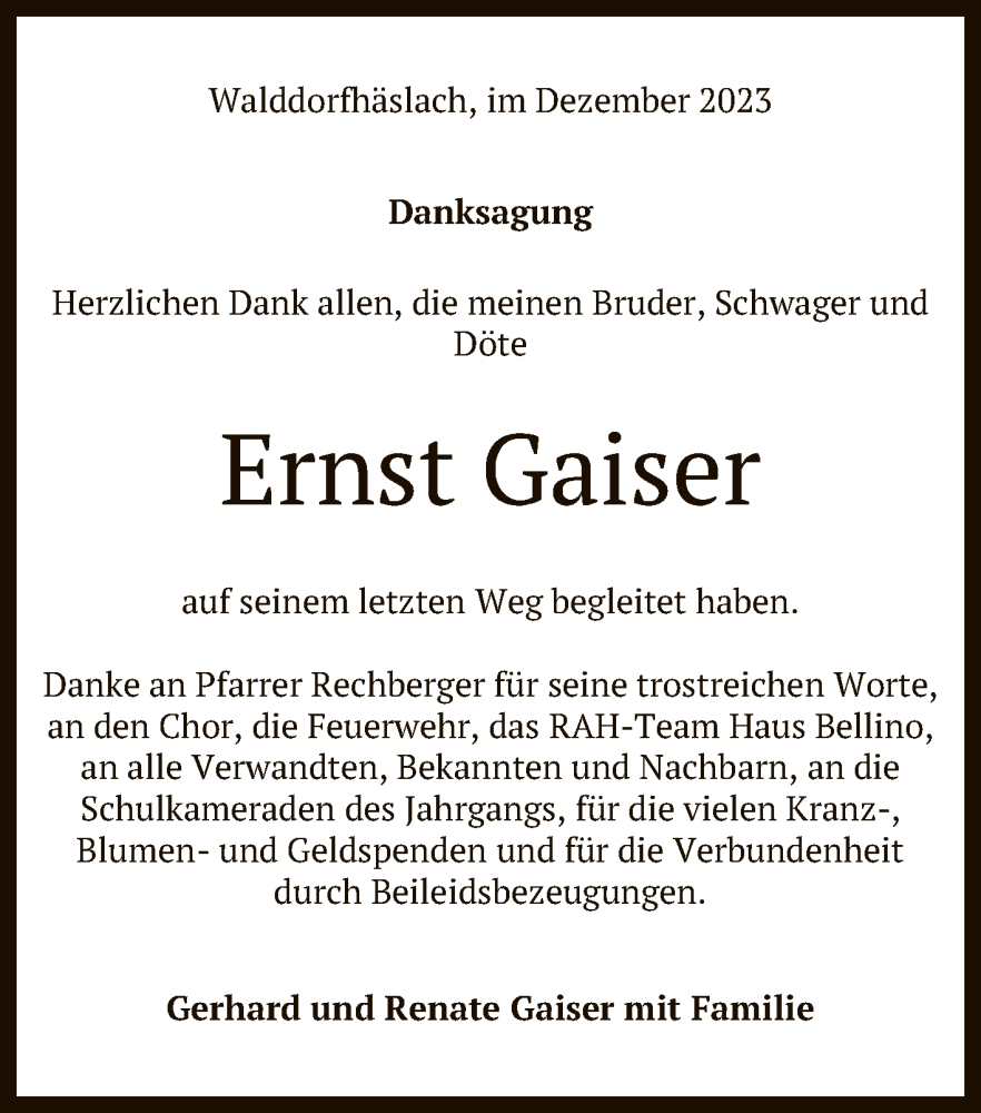  Traueranzeige für Ernst Gaiser vom 13.01.2024 aus Reutlinger General-Anzeiger