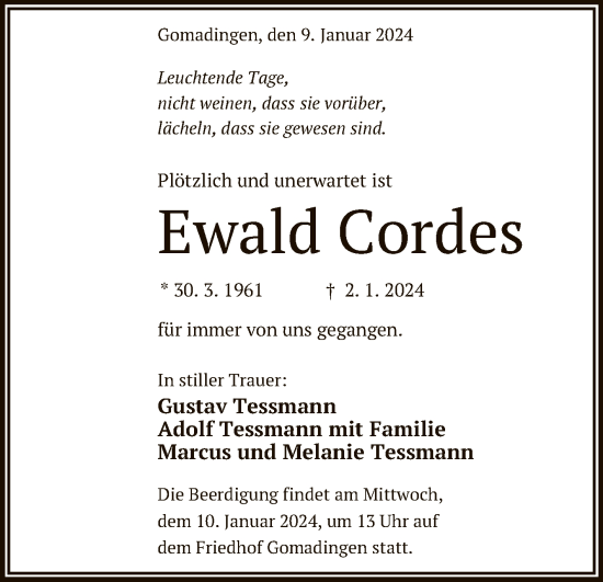 Anzeige von Ewald Cordes von Reutlinger General-Anzeiger