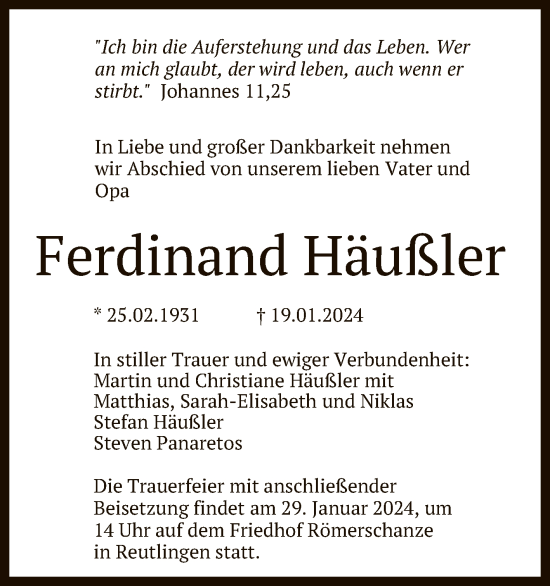 Anzeige von Ferdinand Häußler von Reutlinger General-Anzeiger