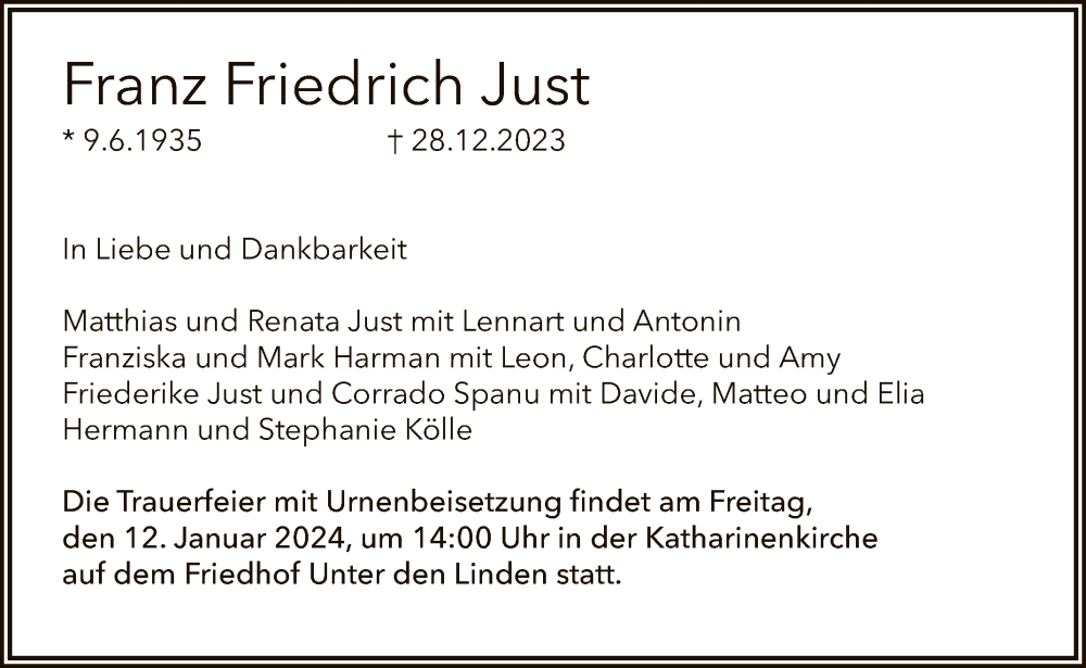  Traueranzeige für Franz Friedrich Just vom 05.01.2024 aus Reutlinger General-Anzeiger