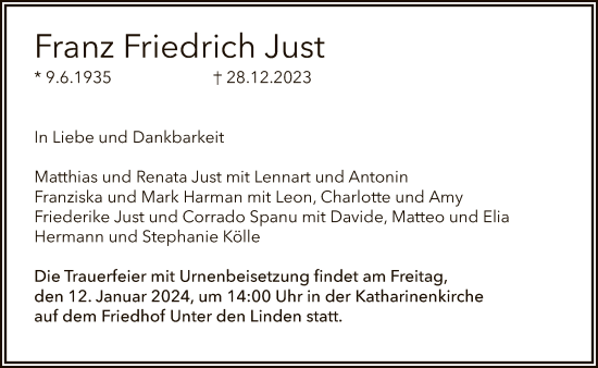 Anzeige von Franz Friedrich Just von Reutlinger General-Anzeiger