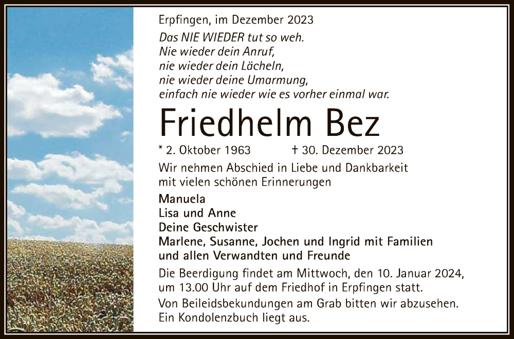  Traueranzeige für Friedhelm Bez vom 05.01.2024 aus Reutlinger General-Anzeiger