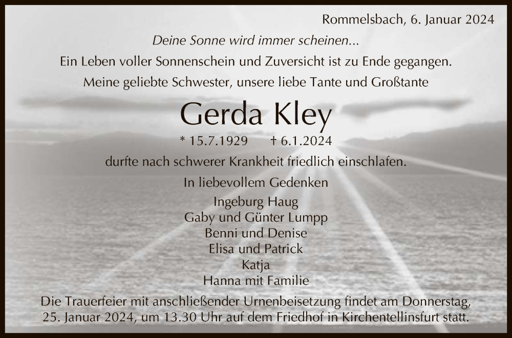  Traueranzeige für Gerda Kley vom 15.01.2024 aus Reutlinger General-Anzeiger