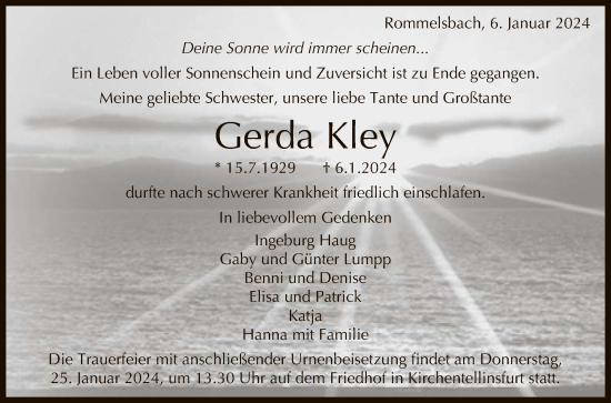 Anzeige von Gerda Kley von Reutlinger General-Anzeiger