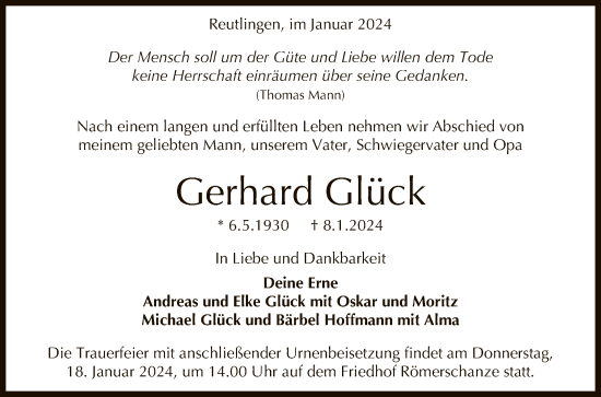 Anzeige von Gerhard Glück von Reutlinger General-Anzeiger