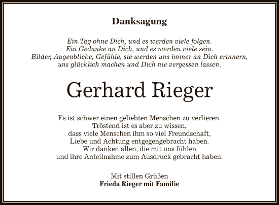 Anzeige von Gerhard Rieger von Reutlinger General-Anzeiger