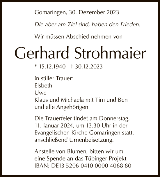 Anzeige von Gerhard Strohmaier von Reutlinger General-Anzeiger