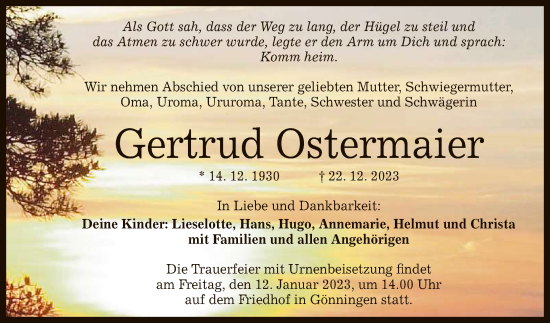 Anzeige von Gertrud Ostermaier von Reutlinger General-Anzeiger