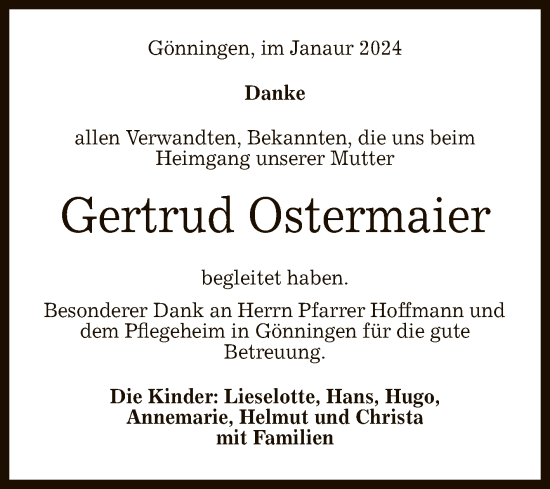Anzeige von Gertrud Ostermaier von Reutlinger General-Anzeiger