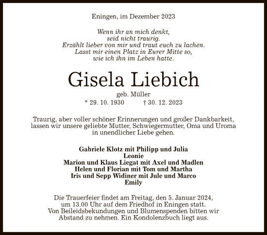 Anzeige von Gisela Liebich von Reutlinger General-Anzeiger