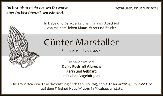 Anzeige von Günter Marstaller von Reutlinger General-Anzeiger