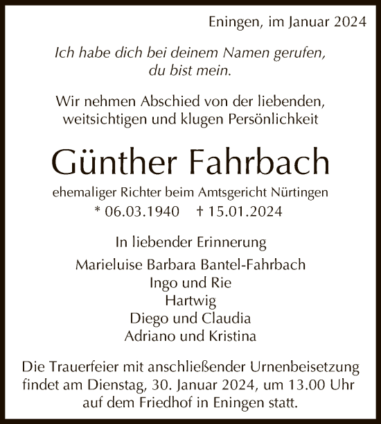 Anzeige von Günther Fahrbach von Reutlinger General-Anzeiger