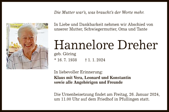 Anzeige von Hannelore Dreher von Reutlinger General-Anzeiger