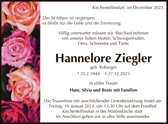 Anzeige von Hannelore Ziegler von Reutlinger General-Anzeiger