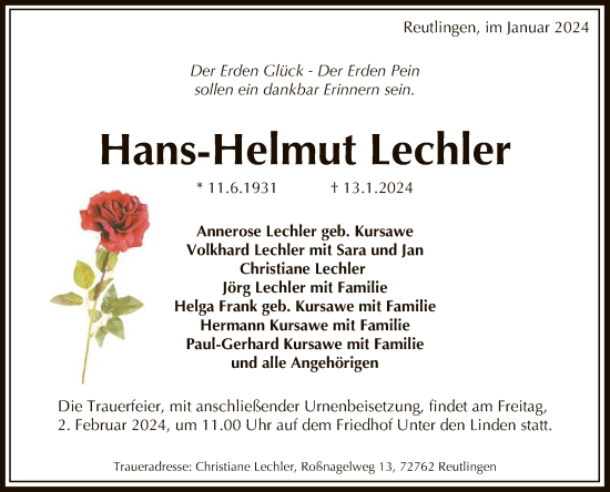 Anzeige von Hans-Helmut Lechler von Reutlinger General-Anzeiger