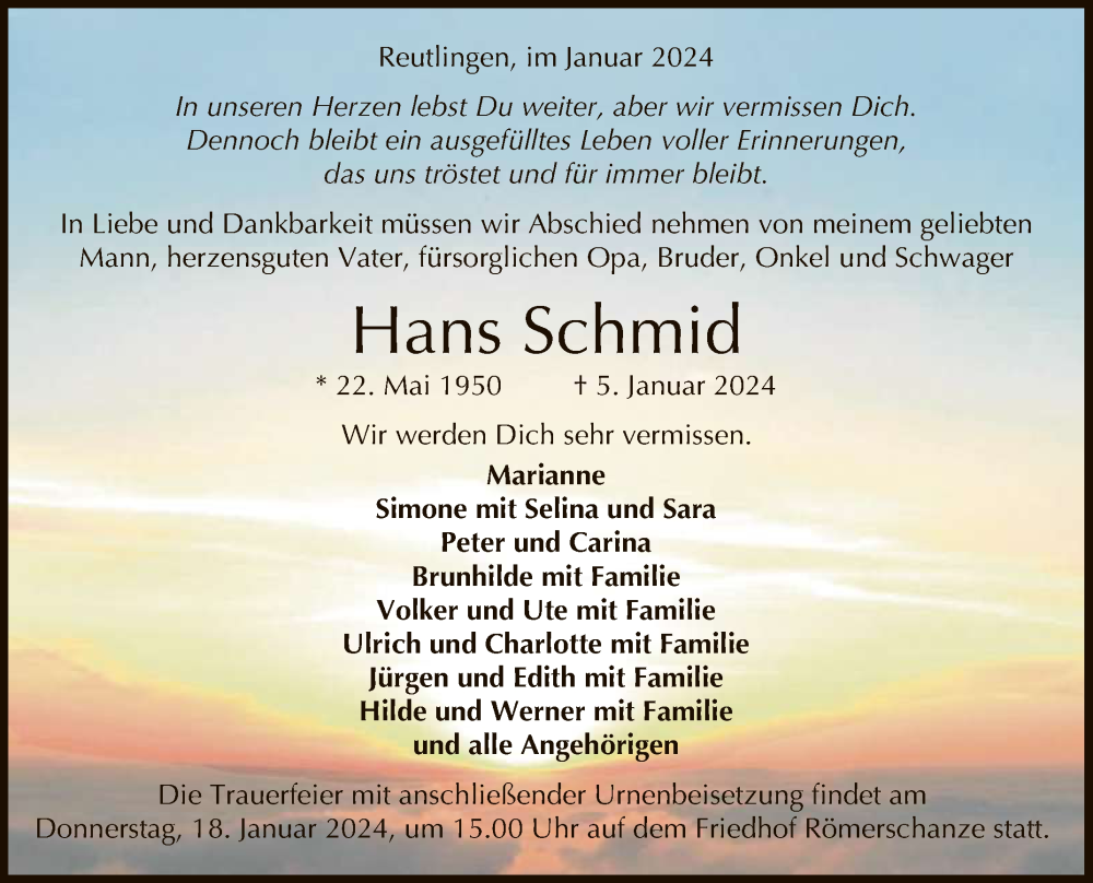  Traueranzeige für Hans Schmid vom 13.01.2024 aus Reutlinger General-Anzeiger