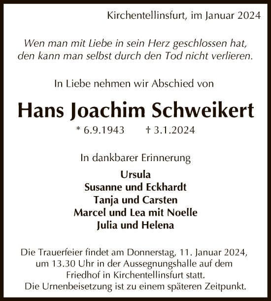 Anzeige von Hans Joachim Schweikert von Reutlinger General-Anzeiger