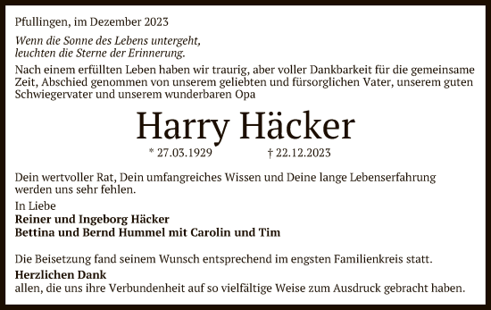 Anzeige von Harry Häcker von Reutlinger General-Anzeiger