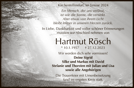 Anzeige von Hartmut Rösch von Reutlinger General-Anzeiger