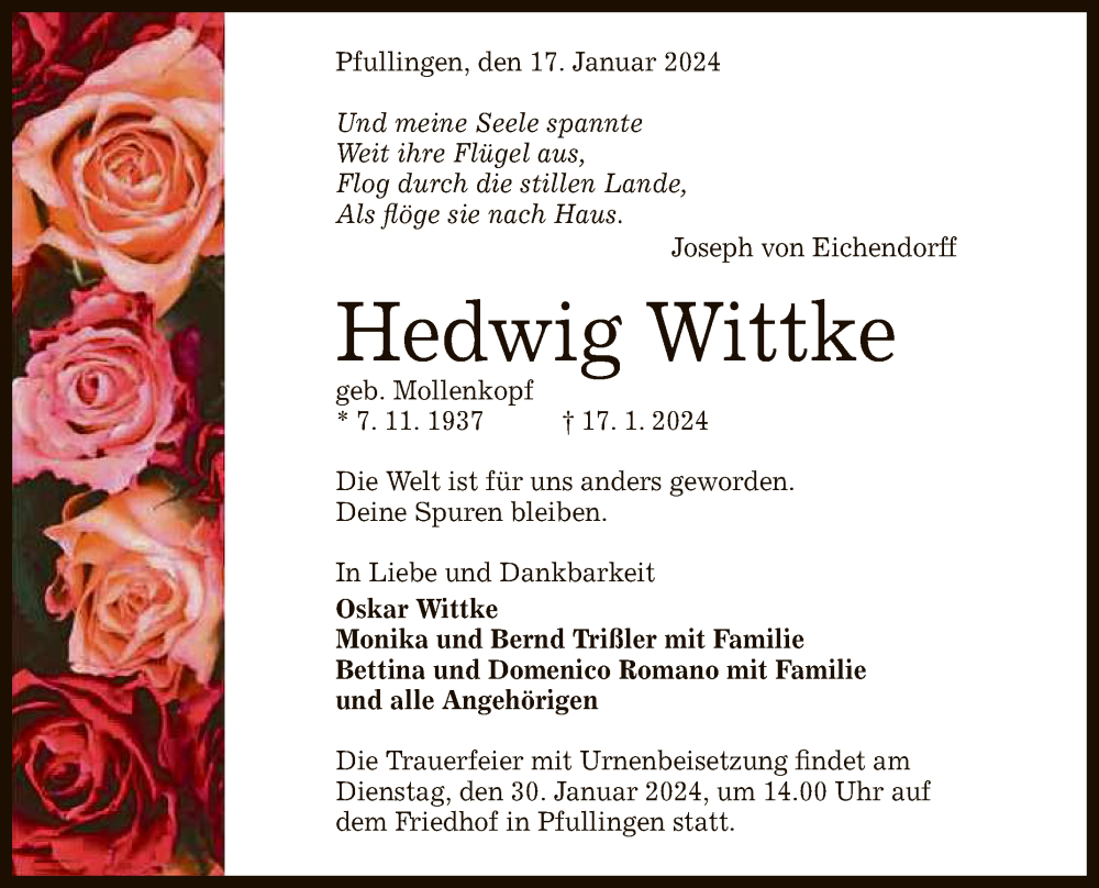  Traueranzeige für Hedwig Wittke vom 24.01.2024 aus Reutlinger General-Anzeiger