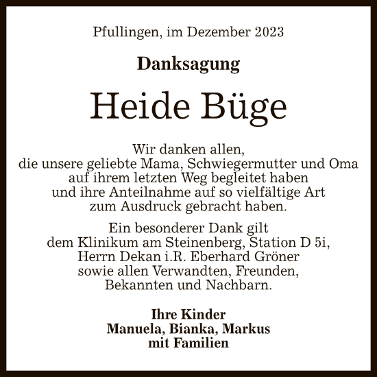 Anzeige von Heide Büge von Reutlinger General-Anzeiger