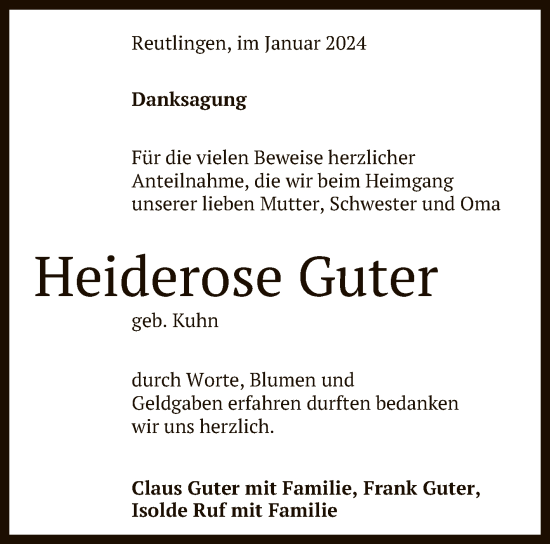 Anzeige von Heiderose Guter von Reutlinger General-Anzeiger