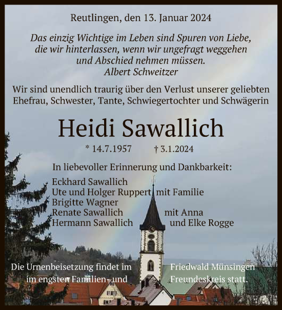 Anzeige von Heidi Sawallich von Reutlinger General-Anzeiger