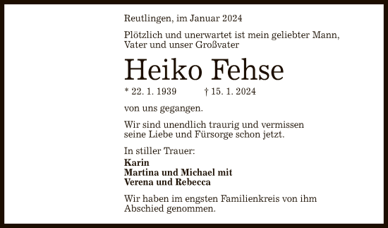Anzeige von Heiko Fehse von Reutlinger General-Anzeiger