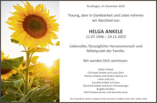 Anzeige von Helga Ankele von Reutlinger General-Anzeiger