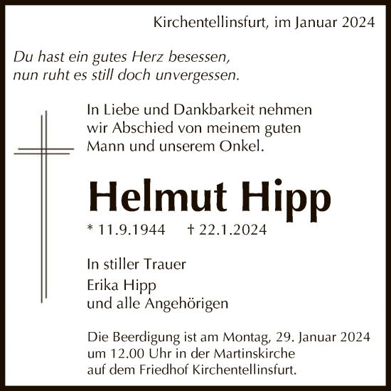 Anzeige von Helmut Hipp von Reutlinger General-Anzeiger