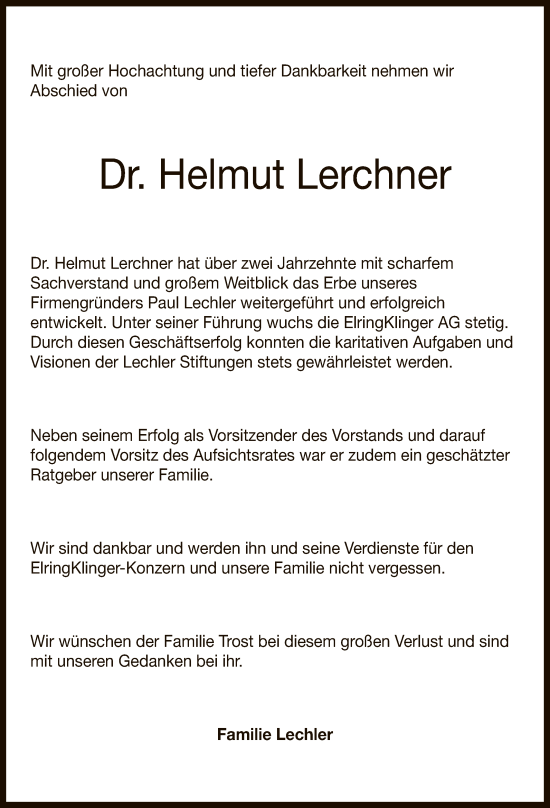 Anzeige von Helmut Lerchner von Reutlinger General-Anzeiger