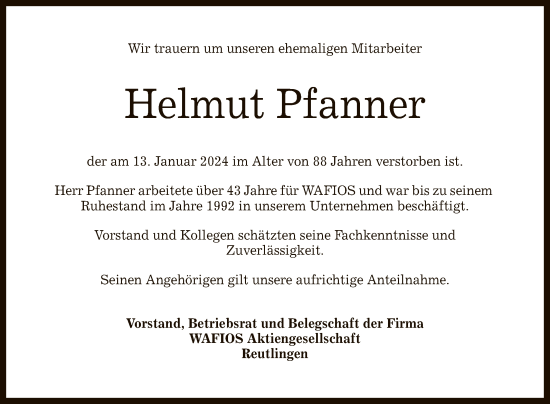 Anzeige von Helmut Pfanner von Reutlinger General-Anzeiger