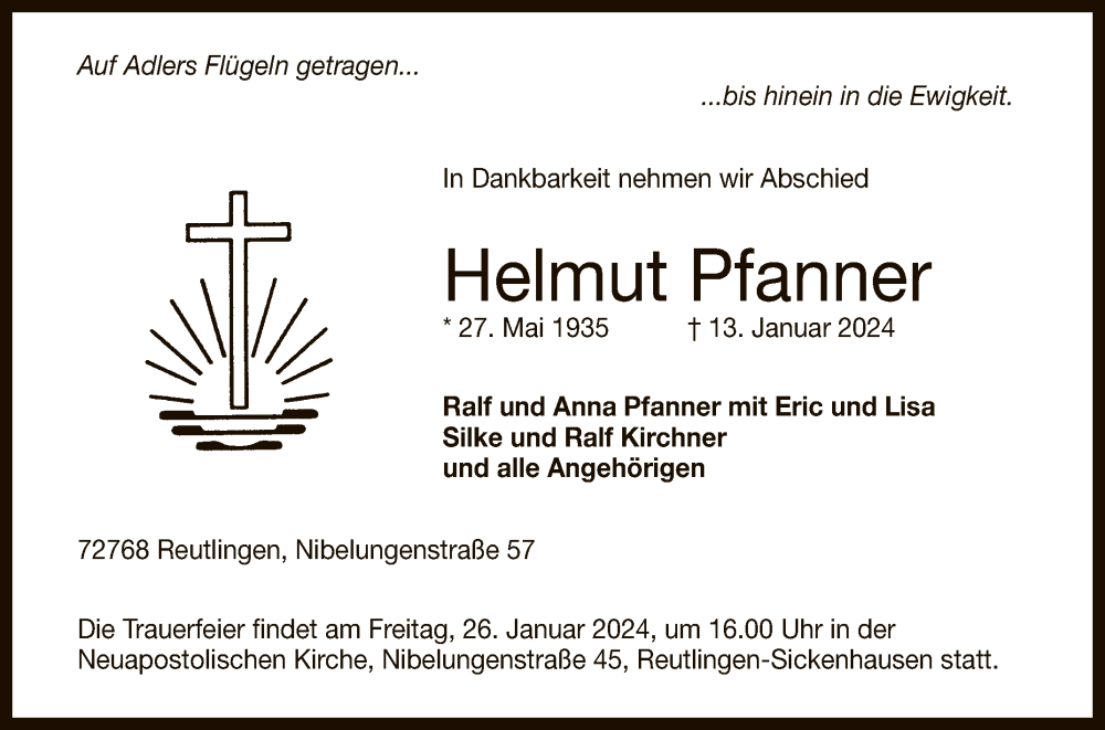 Traueranzeige für Helmut Pfanner vom 20.01.2024 aus Reutlinger General-Anzeiger
