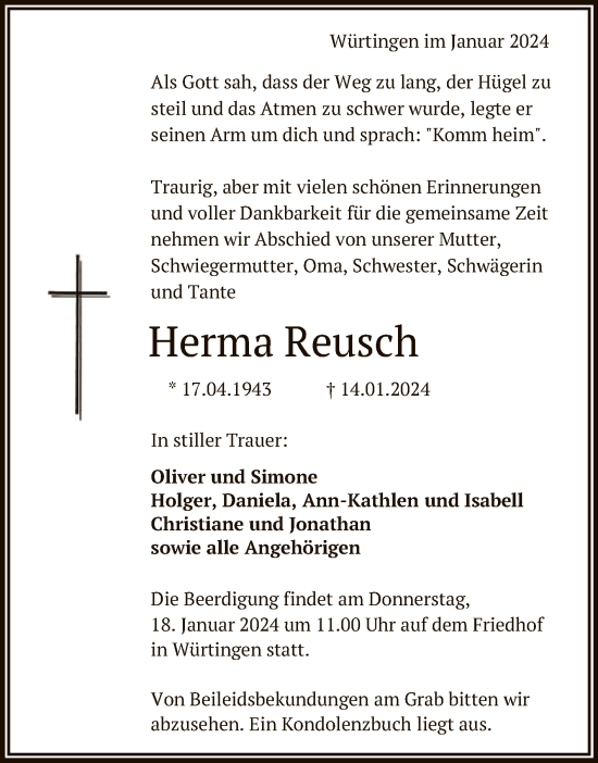 Anzeige von Herma Reusch von Reutlinger General-Anzeiger