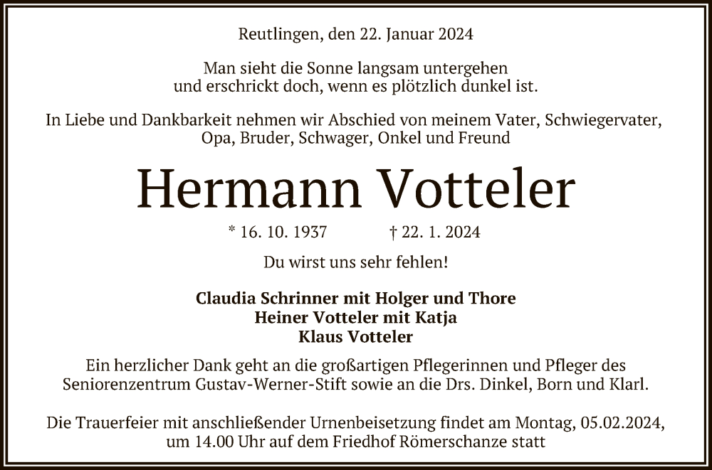  Traueranzeige für Hermann Votteler vom 31.01.2024 aus Reutlinger General-Anzeiger
