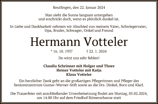 Anzeige von Hermann Votteler von Reutlinger General-Anzeiger