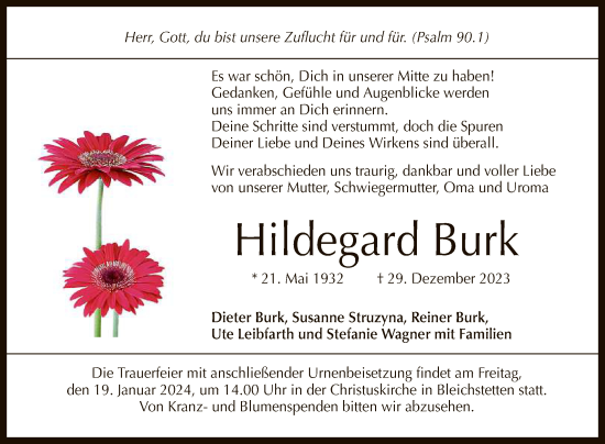 Anzeige von Hildegard Burk von Reutlinger General-Anzeiger