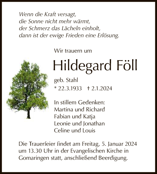 Anzeige von Hildegard Föll von Reutlinger General-Anzeiger