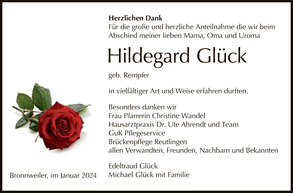  Traueranzeige für Hildegard Glück vom 04.01.2024 aus Reutlinger General-Anzeiger
