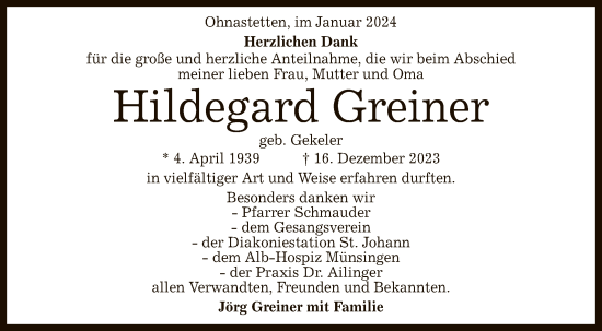 Anzeige von Hildegard Greiner von Reutlinger General-Anzeiger
