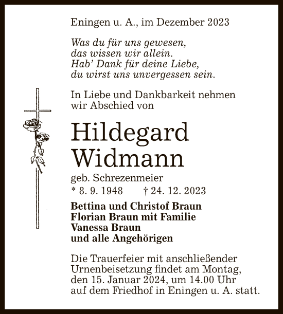 Anzeige von Hildegard Widmann von Reutlinger General-Anzeiger