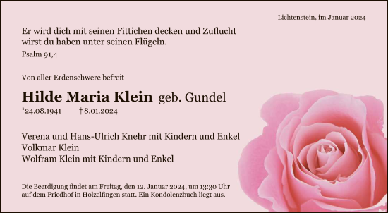 Anzeige von Hilde Maria Klein von Reutlinger General-Anzeiger
