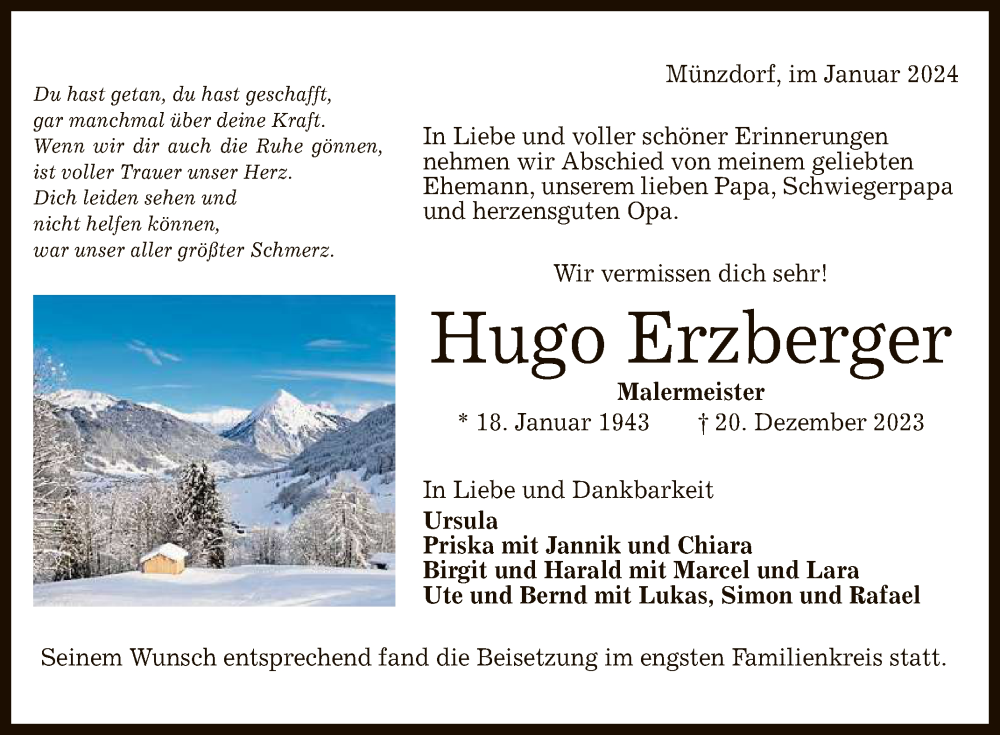  Traueranzeige für Hugo Erzberger vom 31.01.2024 aus Reutlinger General-Anzeiger