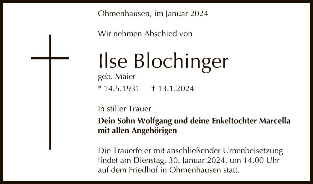  Traueranzeige für Ilse Blochinger vom 23.01.2024 aus Reutlinger General-Anzeiger