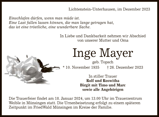 Anzeige von Inge Mayer von Reutlinger General-Anzeiger